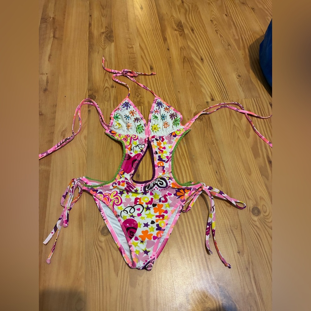 Babalu One Piece Swimsuit Large Colorful Floral Swimwear cut out sexy beach
